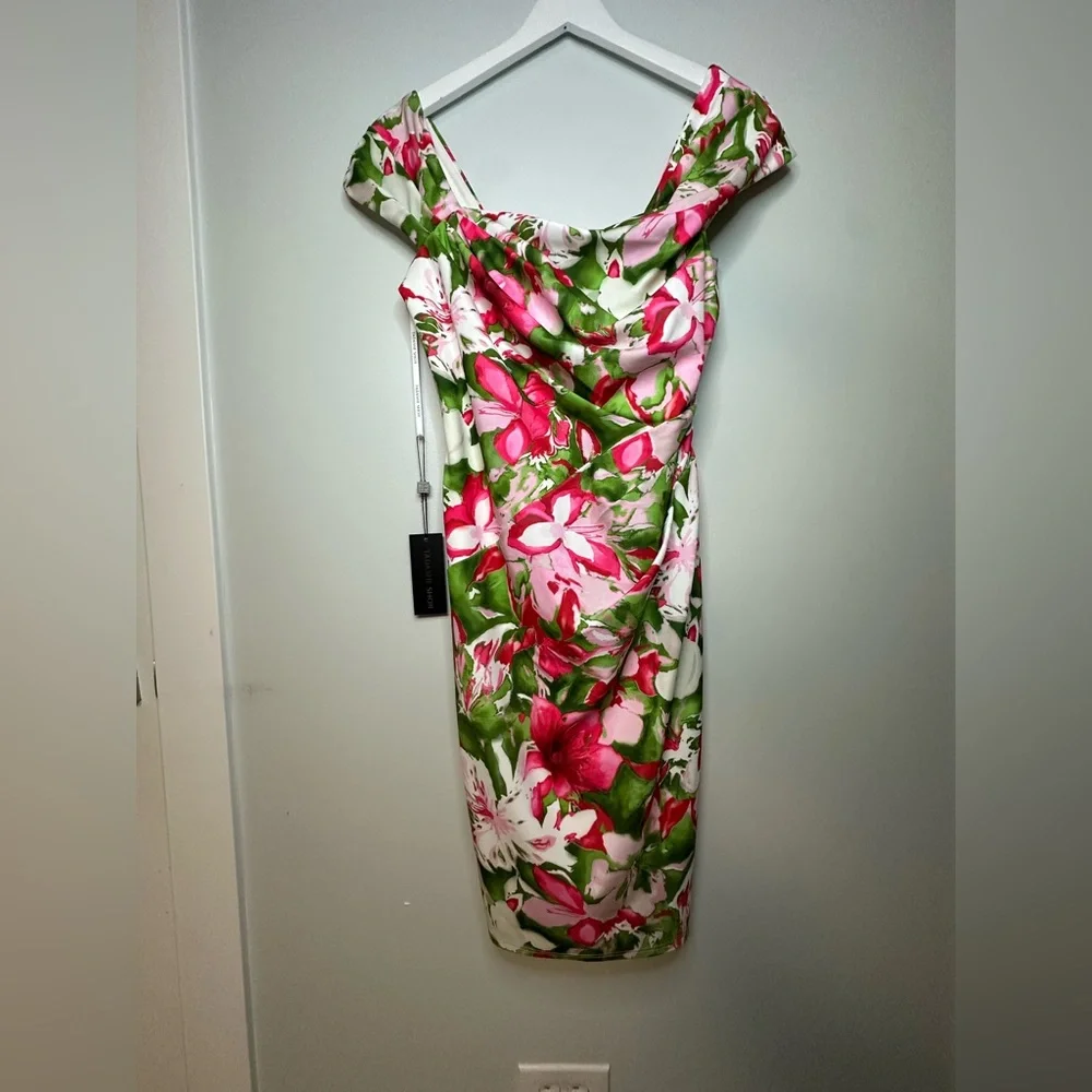 Tadashi Shoji  Floral Summer  Party Cocktail Tropical Midi Dress Size Medium - Picture 11 of 15